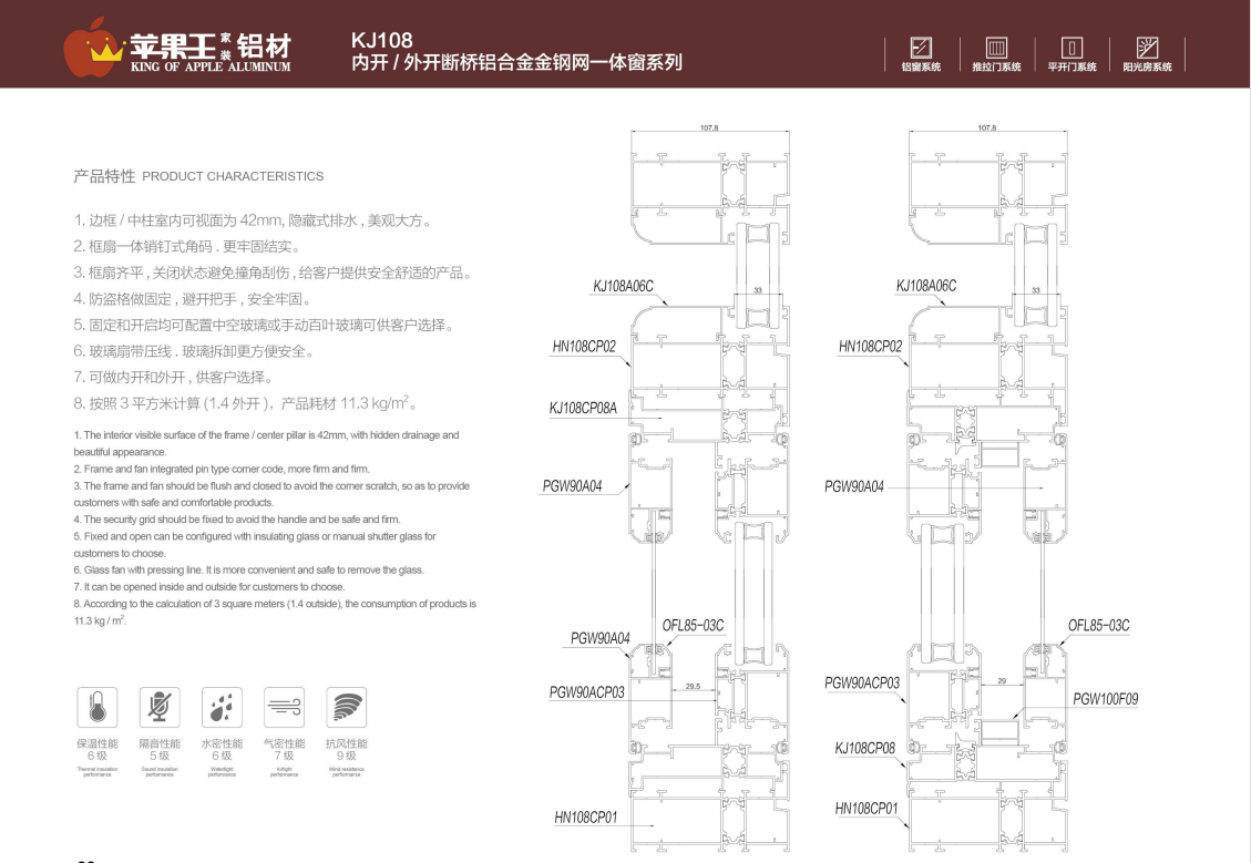 KJ108内开  外开断桥铝合金金钢网一体窗